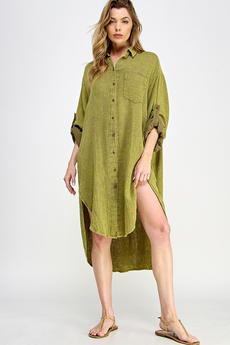 Olive Double Gauze Button Down Shirts Dresses