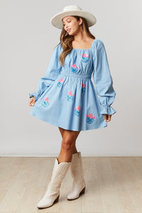 Light Denim Long Puff Sleeve Dress
