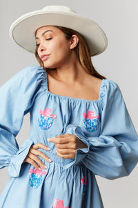 Light Denim Long Puff Sleeve Dress