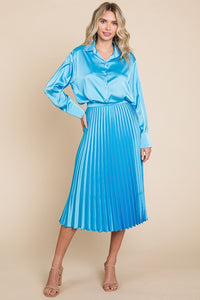 Light Blue High Waisted Pleated Midi Skirt