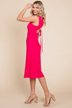 Fuchsia Sleeveless Tied Backless Pleated Midi Linen Dress