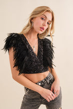 Black Sequin Feather V Neck Crop Top