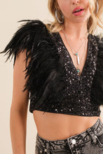 Black Sequin Feather V Neck Crop Top