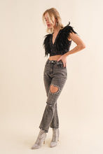 Black Sequin Feather V Neck Crop Top