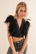 Black Sequin Feather V Neck Crop Top