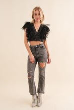 Black Sequin Feather V Neck Crop Top