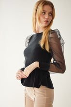 Black Organza Puff Sleeve Peplum Detailed Sweater