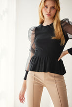 Black Organza Puff Sleeve Peplum Detailed Sweater