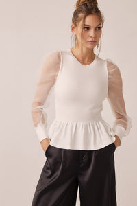 Off White Organza Puff Sleeve Peplum Detailed Sweater