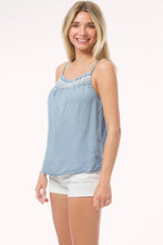 Blue Chambray Embroidery Neck Trim Cami Top