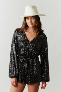 Black Sequin Wrap Romper