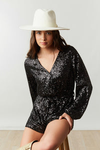 Black Sequin Wrap Romper