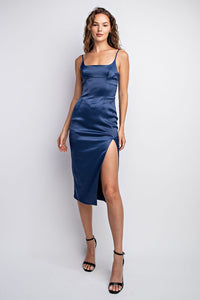 Navy Corset Satin Midi Dress