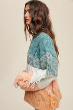 Green Multi Chunky Cable Knit Striped Fringe Detail Sweater
