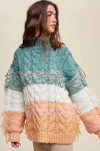 Green Multi Chunky Cable Knit Striped Fringe Detail Sweater
