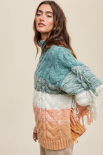 Green Multi Chunky Cable Knit Striped Fringe Detail Sweater