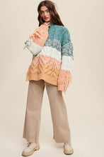 Green Multi Chunky Cable Knit Striped Fringe Detail Sweater