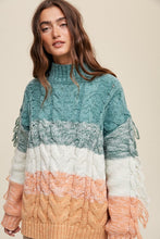 Green Multi Chunky Cable Knit Striped Fringe Detail Sweater