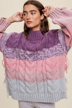 Lavender Multi Chunky Cable Knit Striped Fringe Detail Sweater
