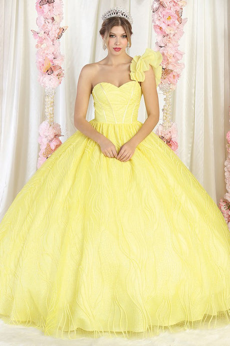 Yellow One Shoulder Glitter Print Sweetheart Ball Gown
