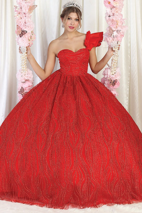 Red One Shoulder Glitter Print Sweetheart Ball Gown