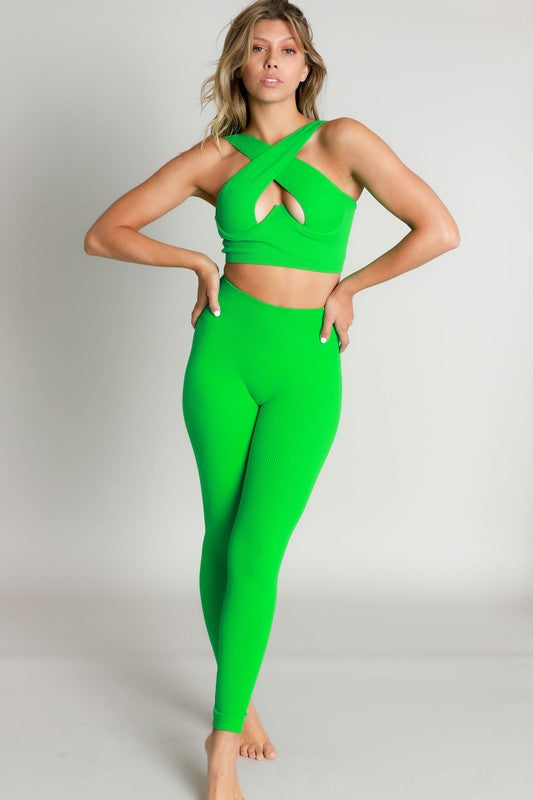 Kelly Green Criss Cross Front Sexy Bra Top And Leggings Set