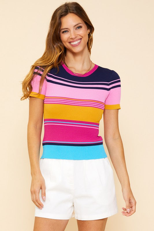 Rainbow Multi Stripe Short Seelve Knit Top