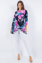 Navy/Pink Floral Print 3/4 Sleeves Hi-Lo Tunic Top