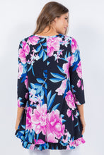 Navy/Pink Floral Print 3/4 Sleeves Hi-Lo Tunic Top