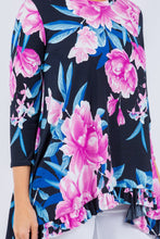 Navy/Pink Floral Print 3/4 Sleeves Hi-Lo Tunic Top