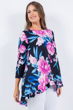 Navy/Pink Floral Print 3/4 Sleeves Hi-Lo Tunic Top