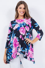 Navy/Pink Floral Print 3/4 Sleeves Hi-Lo Tunic Top