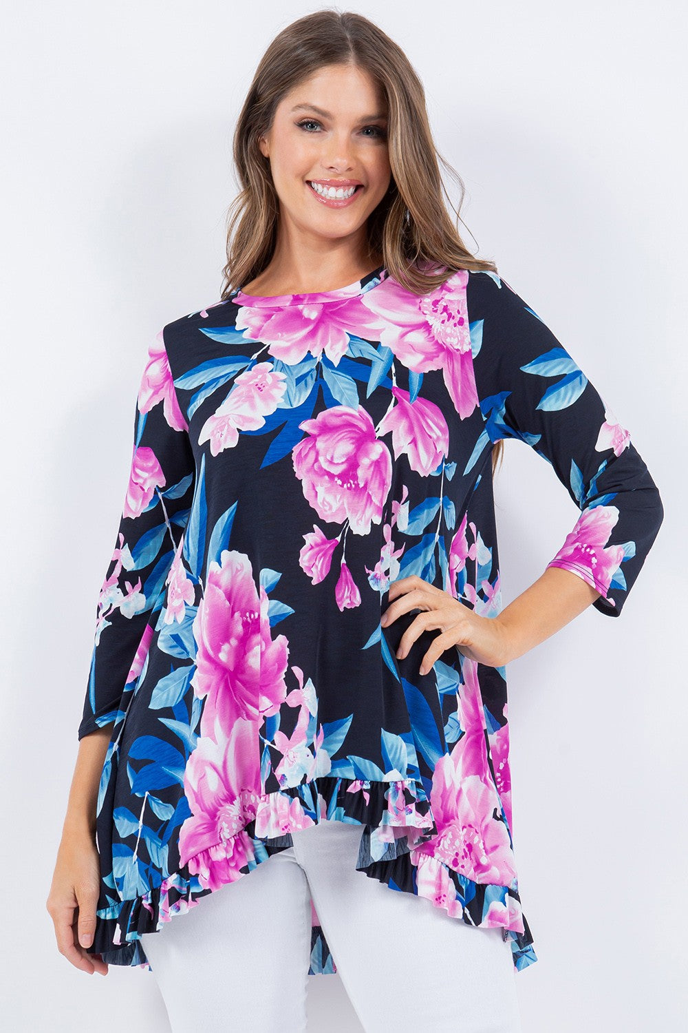 Navy/Pink Floral Print 3/4 Sleeves Hi-Lo Tunic Top