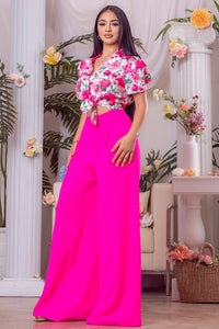 Hot Pink Multi Printed top and solid pants set
