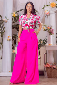 Hot Pink Multi Printed top and solid pants set