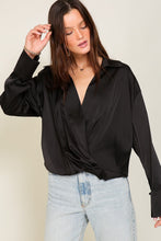 Black Long Sleeve Collared Surplice Satin Top