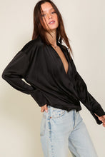 Black Long Sleeve Collared Surplice Satin Top