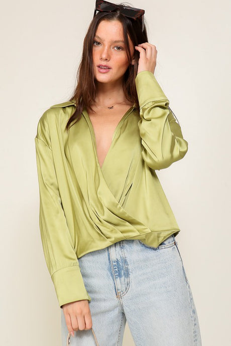 Sage Long Sleeve Collared Surplice Satin Top