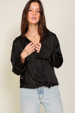 Black Long Sleeve Collared Surplice Satin Top