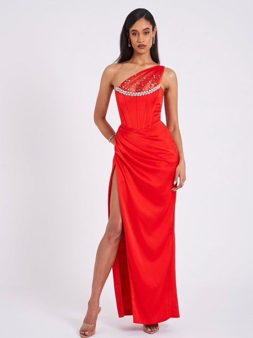 Red Lora Scarlet Crystal Mesh Satin Corset Gown