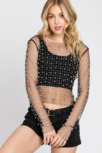 Black Rhinestone Studded Long Sleeve Top