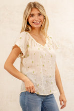 Ivory Ruffle Raglan Short Sleeve V-Neck Embo Woven Top