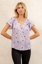 Lavender Ruffle Raglan Short Sleeve V-Neck Embo Woven Top