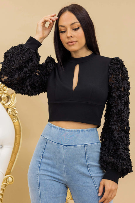 Black Long Sleeve Flower Mesh Detailed Fashion Top