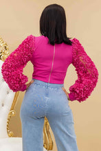Fuchsia Long Sleeve Flower Mesh Detailed Fashion Top