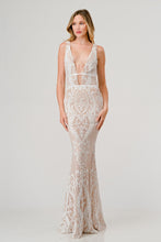 Wht/Nude Sequin Plunging V-Neck Mermaid Maxi Dress