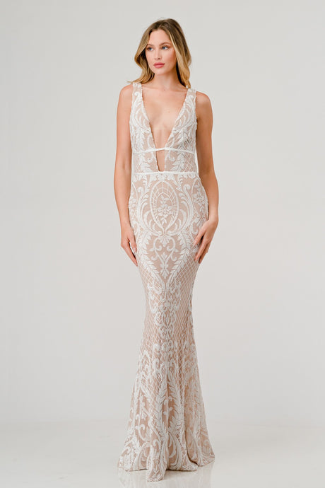 Wht/Nude Sequin Plunging V-Neck Mermaid Maxi Dress