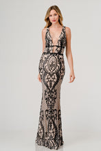 Blk/Nude Sequin Plunging V-Neck Mermaid Maxi Dress