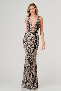 Blk/Nude Sequin Plunging V-Neck Mermaid Maxi Dress Aquarius Brand Blk/Nude Sequin Plunging V-Neck Mermaid Maxi Dress Aquarius Brand