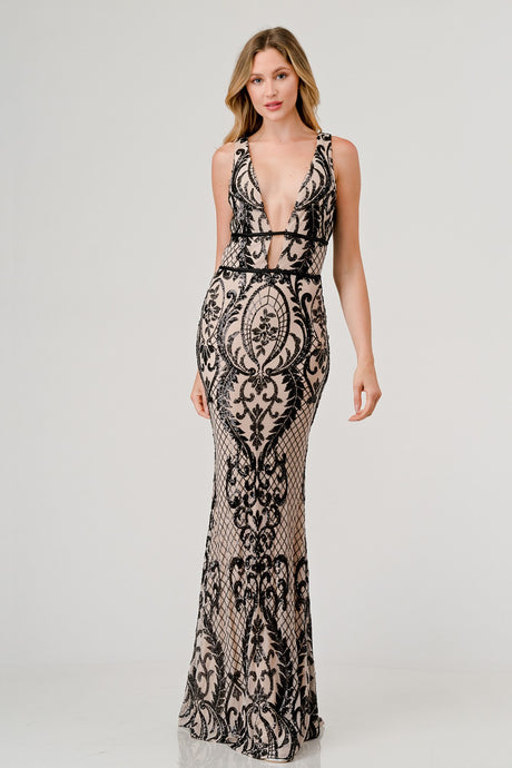 Blk/Nude Sequin Plunging V-Neck Mermaid Maxi Dress